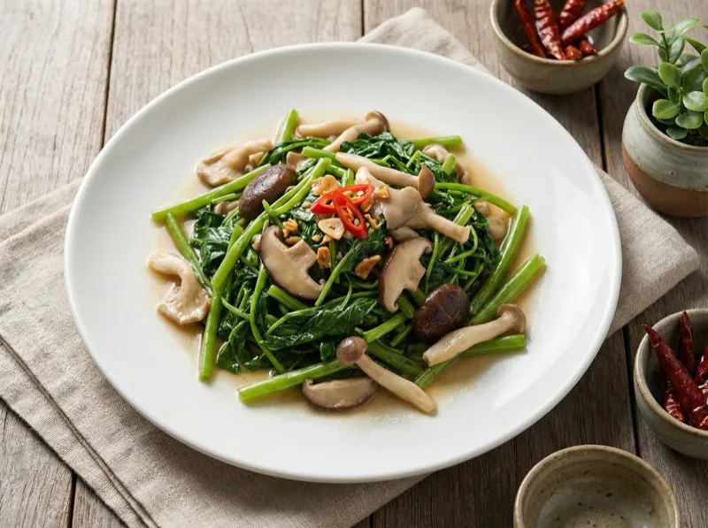 Stir-Fried Mushrooms with Water Spinach