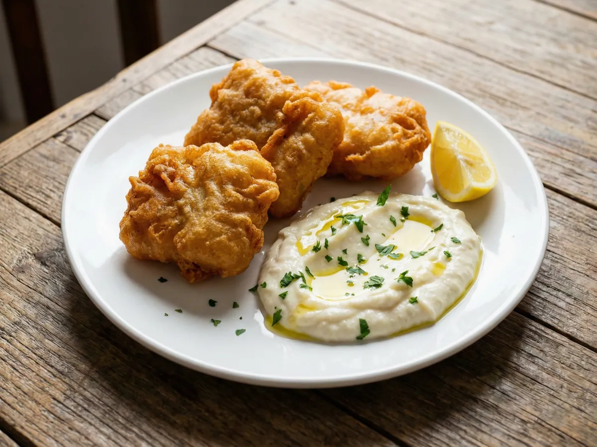 Bakaliaros (Fried Cod with Skordalia)